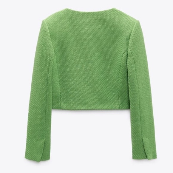 ZARA | CROPPED LIME GREEN TWEED BLAZER JACKET RHINESTONE BUTTON SIZE SMALL - Picture 2 of 11